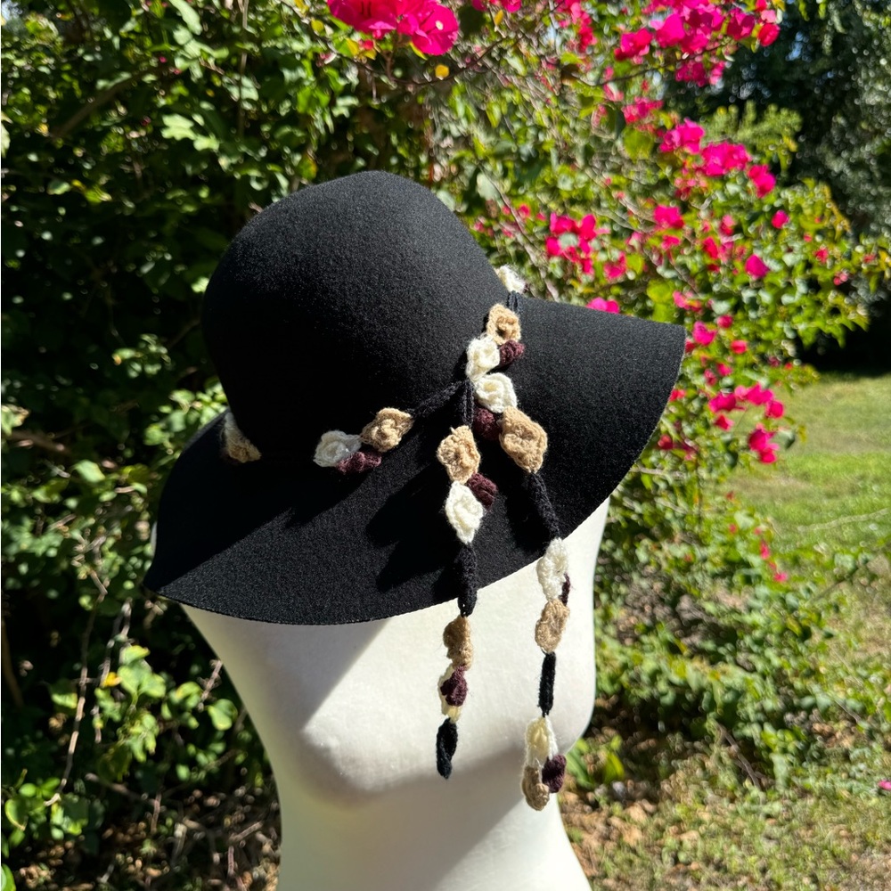 Boho-Chic August 100% wool black floppy hat with floral crochet band.